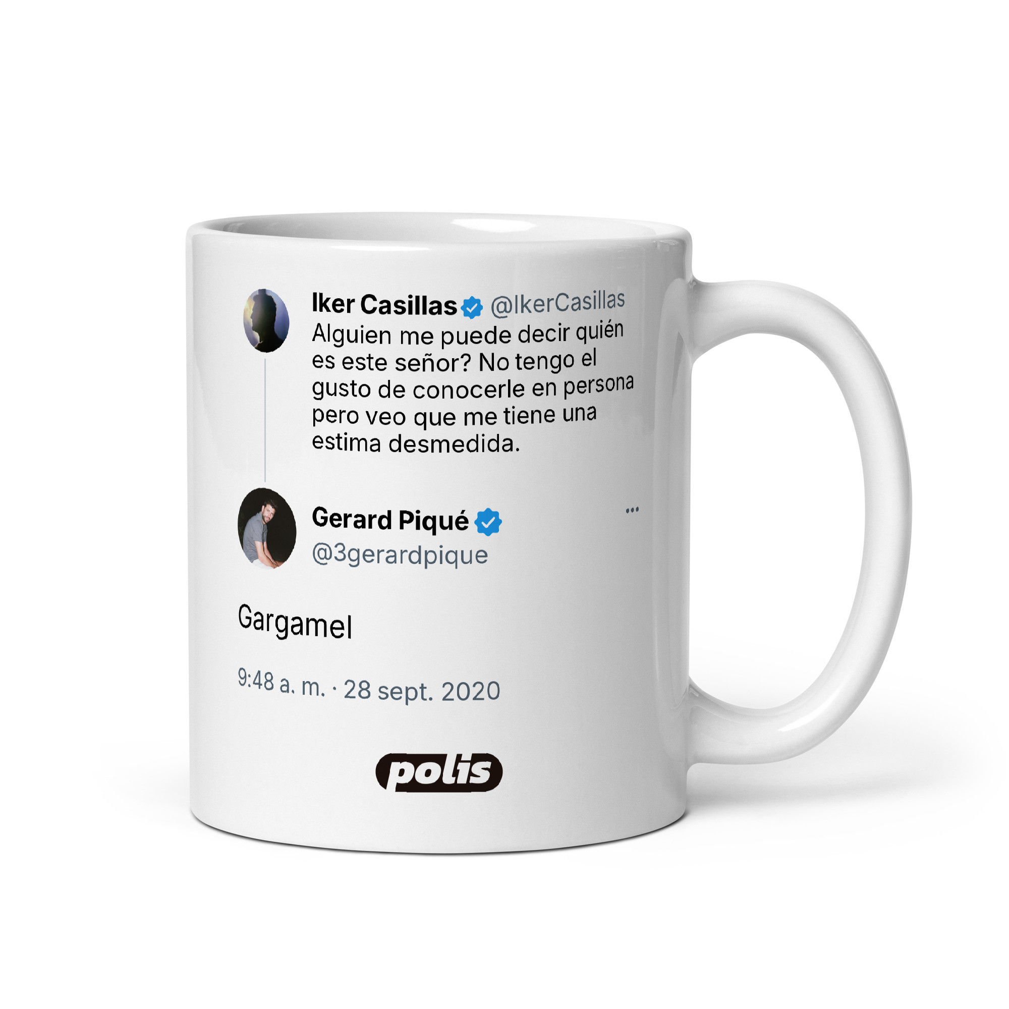 Taza blanca con el tuit de @3gerardpique: «Gargamel»
