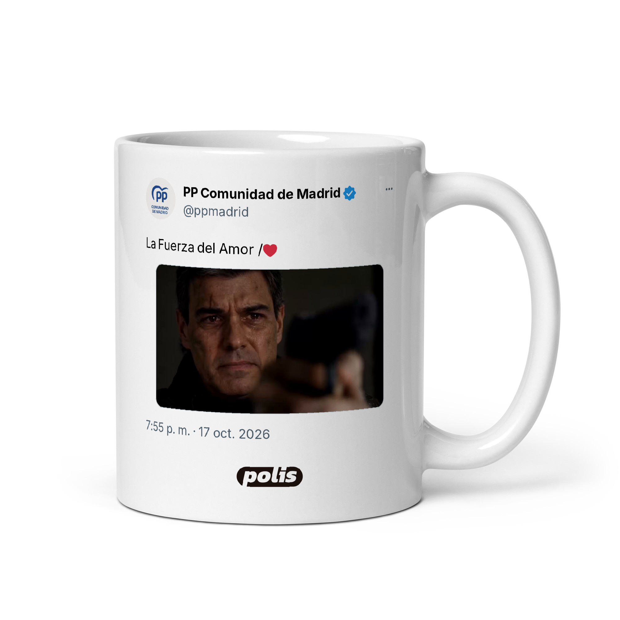 Taza blanca con el tuit de @ppmadrid: «La Fuerza del Amor /❤️»