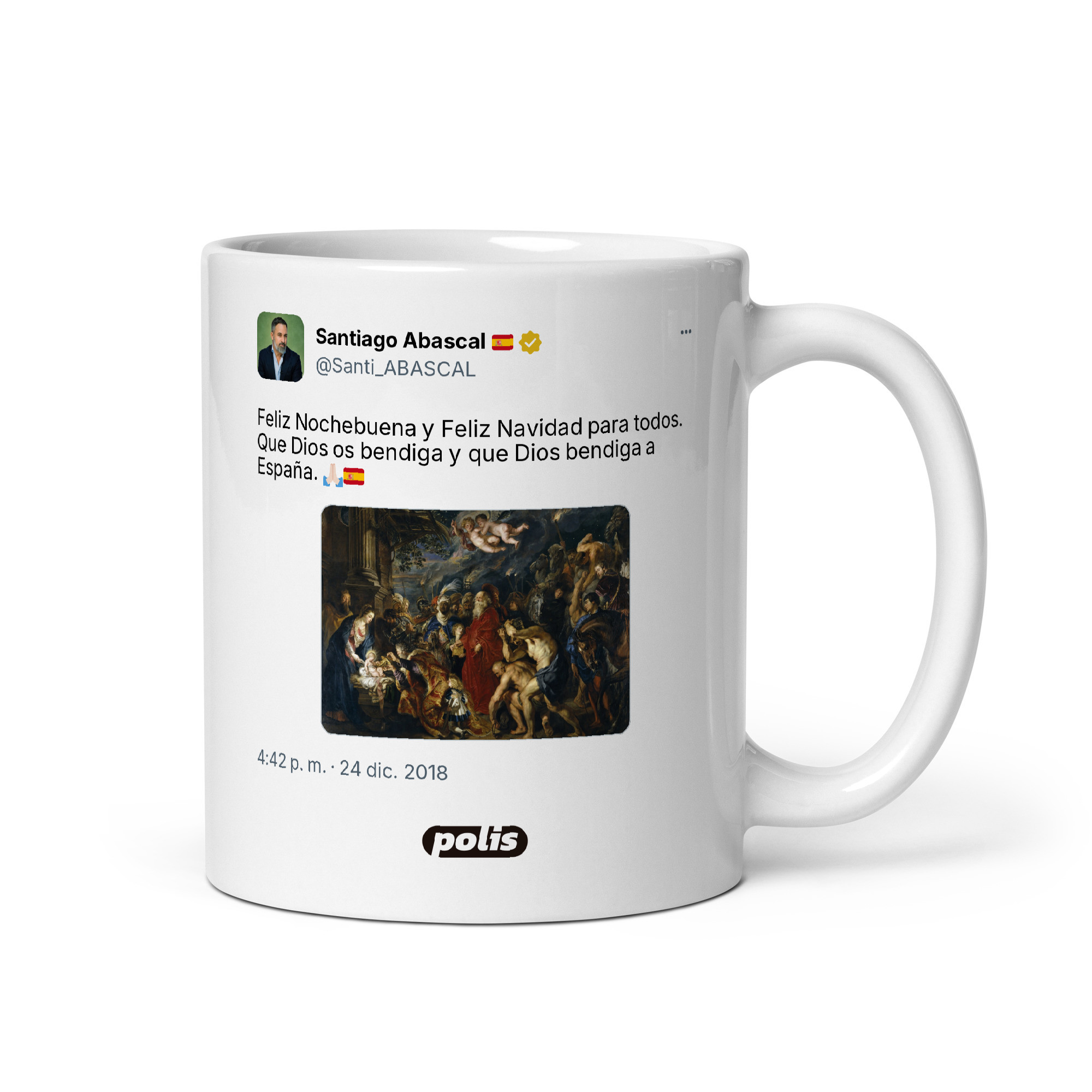 Taza blanca con el tuit de @Santi_ABASCAL: «Feliz Nochebuena y Feliz Navidad para todos. Que Dios os bendiga y que Dios bendiga a España. 🙏🏻🇪🇸»